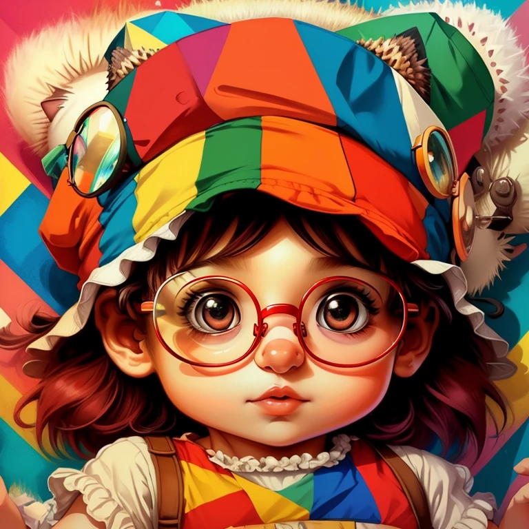 ((|) (cute baby hedgehog with hat and glasses) stylized identical to 1940 |)), acolchoamento ,multidimensional geometric wall PORTRAIT, arte, Chibi,
Yang016K, lindo,(( cor vermelha predominante, rosa e branco))
Primary works, qualidade superior, melhor qualidade, Arte Oficial, Beautiful and Aesthetic,),  Eduardo Kobra acolchoamento ,multidimensional geometric wall PORTRAIT, arte, Chibo,detalhes
