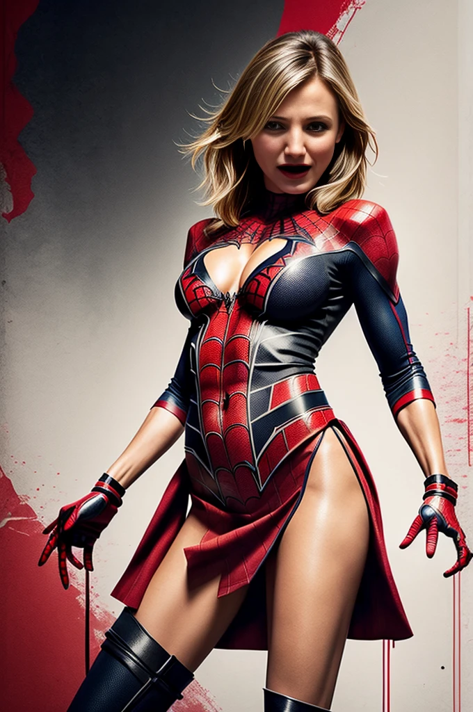 Cameron Diaz、Sticking out the navel、newyork、She wears a torn Spider-Man suit,wearing skirt、 Red and black color scheme,Dynamic、masterpiece、top-quality、ultra-detailliert、ighly detailed、beautiful detailed brilliance、超A high resolution