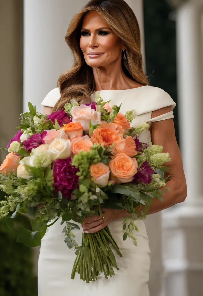 A snapshot of Melania's hands delicately creating a beautiful floral arrangement with a variety of colorful blooms and lush greenery.,original,Melania Trump, known for her time as the First Lady of the United States, carries an air of refined elegance, a reflection of her past as a professional model. Her tall, slender figure and fashion-forward style choices often captured attention during public appearances. Her modeling background was evident in her poised and graceful demeanor, often seen in meticulously chosen designer outfits that highlighted her statuesque presence., female