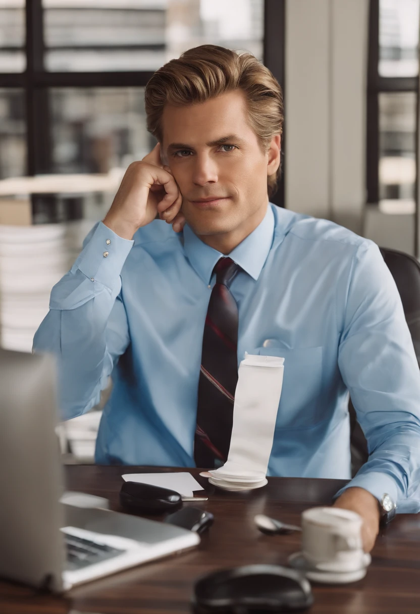 A photo of a clock showing 4:40pm on a computer screen, with a stack of TPS reports and a half-empty cup of coffee,Office Space,Lumbergh is typically seen in a business-casual attire, sporting a white collared shirt, suspenders, and off-color tie. His hair is neatly combed back, and he is almost always seen carrying a coffee mug, further emphasizing his corporate persona. He drives a blue Porsche 911. , male