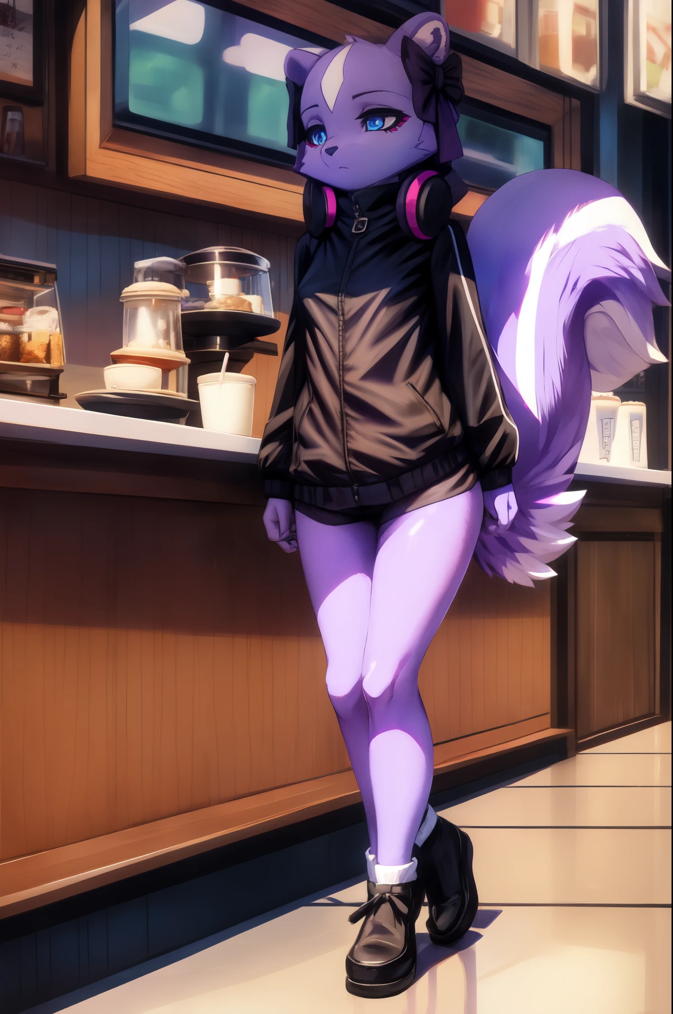 Solo:1.2, female, Shikabane, 1girl, tall mature purple skunk girl, medium breasts, blue eyes, small cute purple skunk tail,  black jacket, black shorts, black shoes, standing, in a cafe,