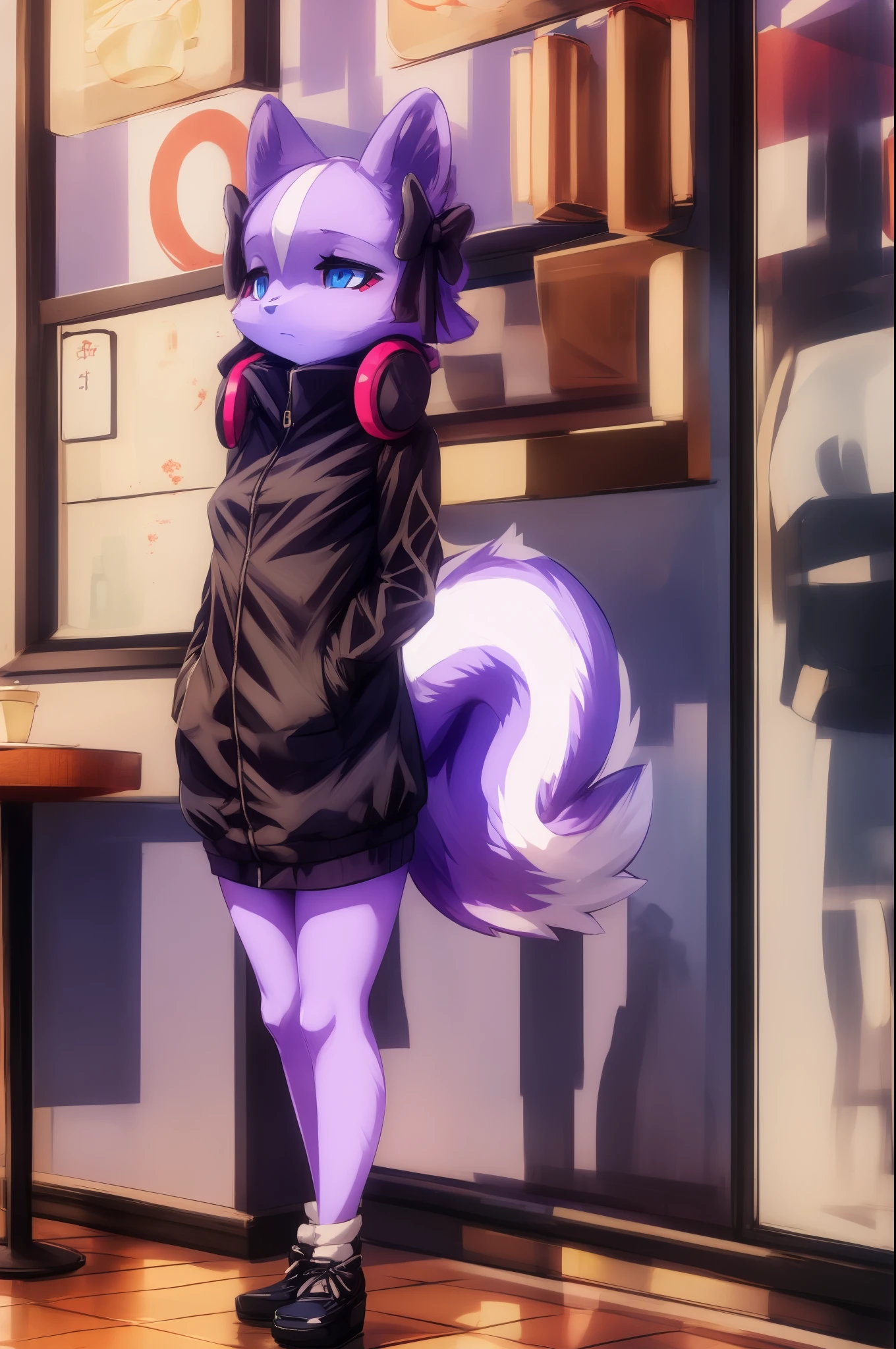 female, Shikabane, 1girl, tall mature purple skunk girl, medium breasts, thick thighs, blue eyes, small cute purple skunk tail, black jacket, black shorts, black shoes, standing, in a cafe,