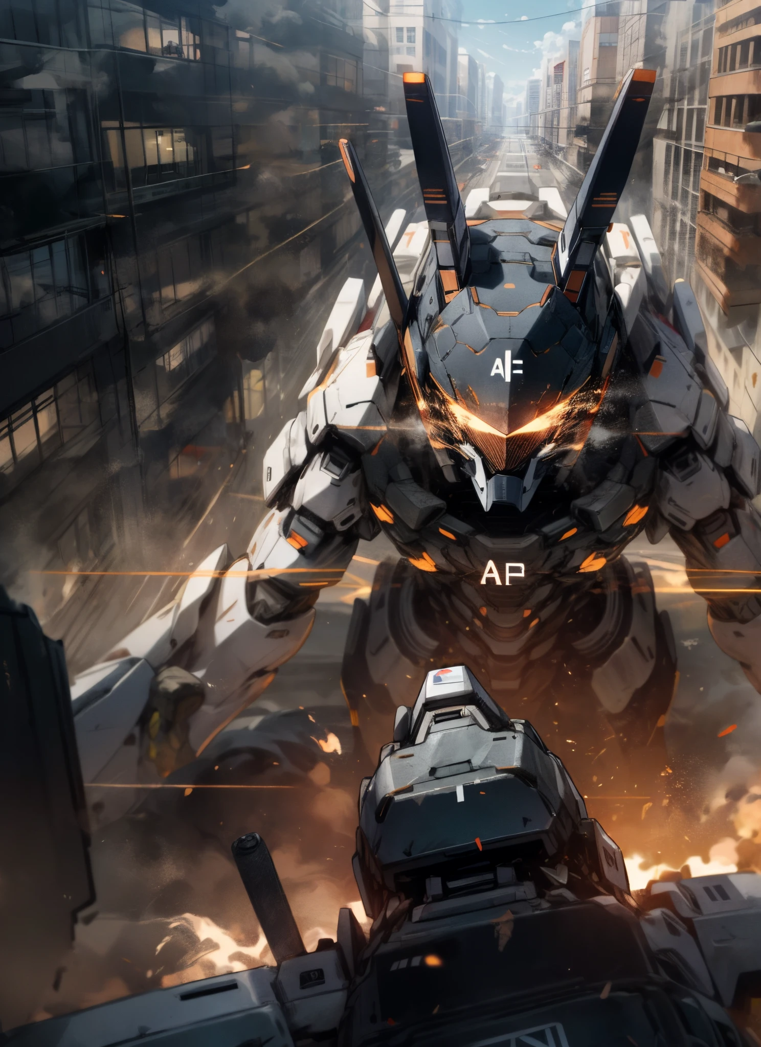 Titan robotic destroying a city at midnight and we are a. Pov of a person