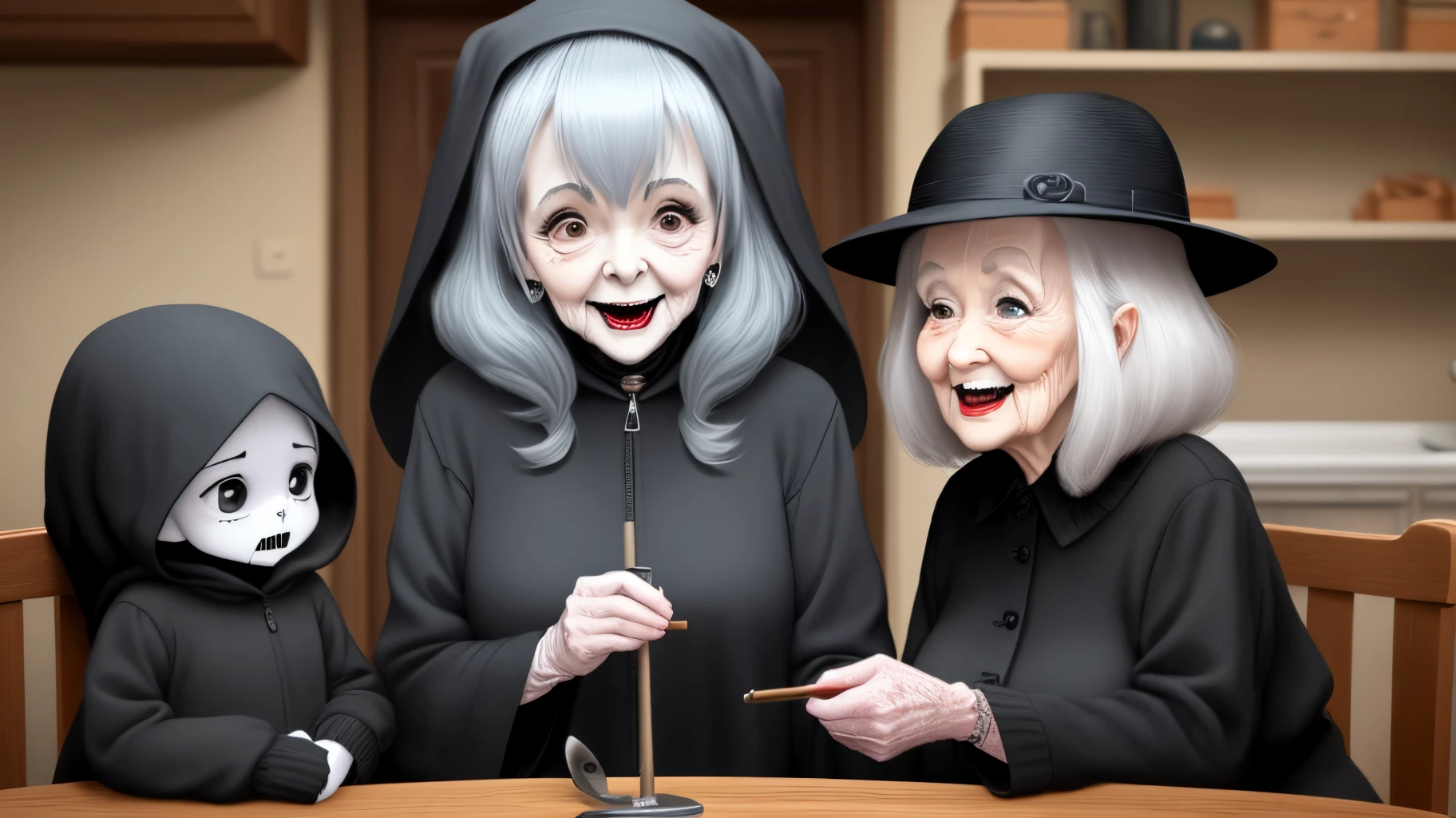 Old ladies work together to tickle cute goth girl grim reaper to death