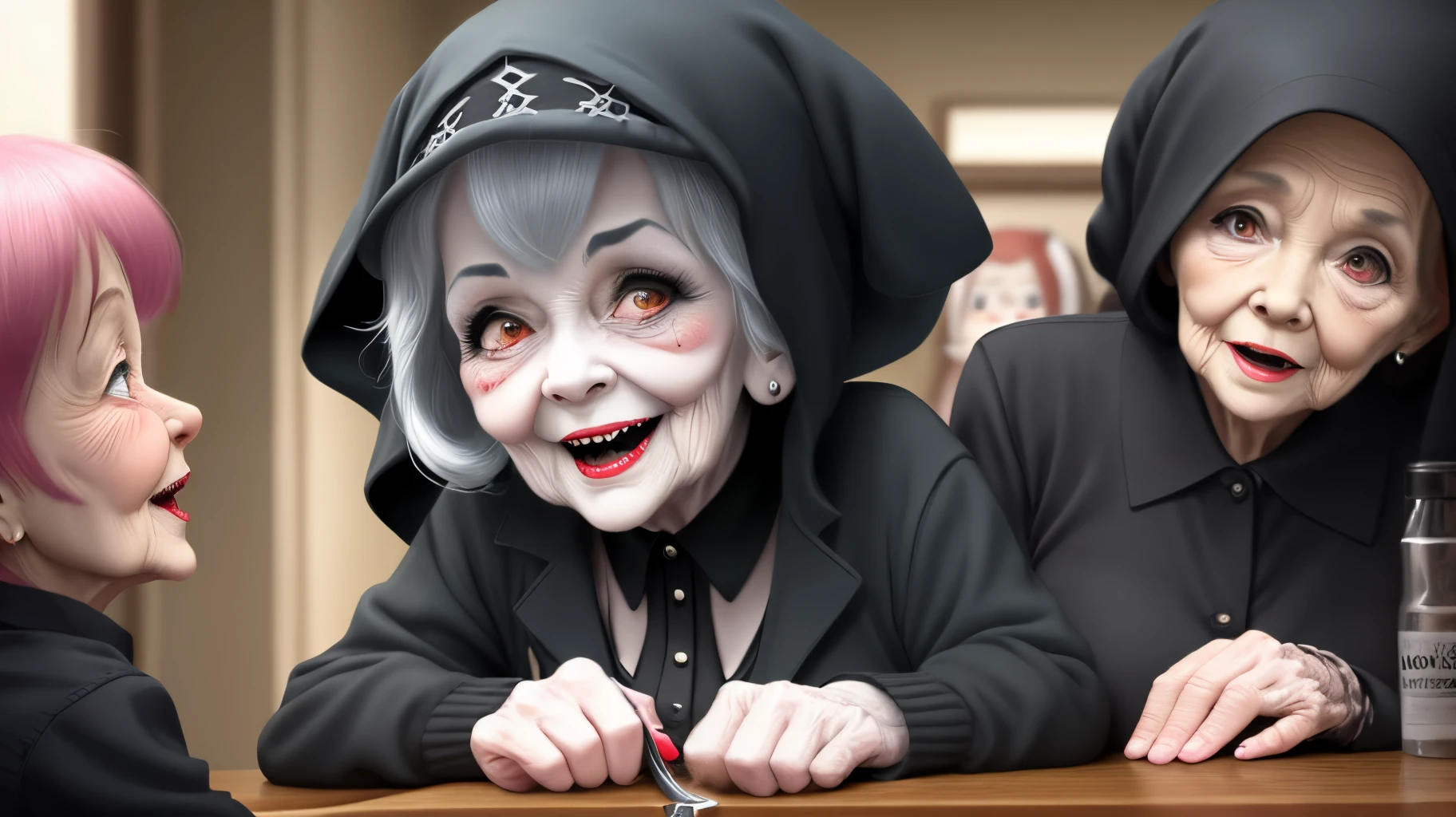 Old ladies work together to tickle cute goth girl grim reaper to death