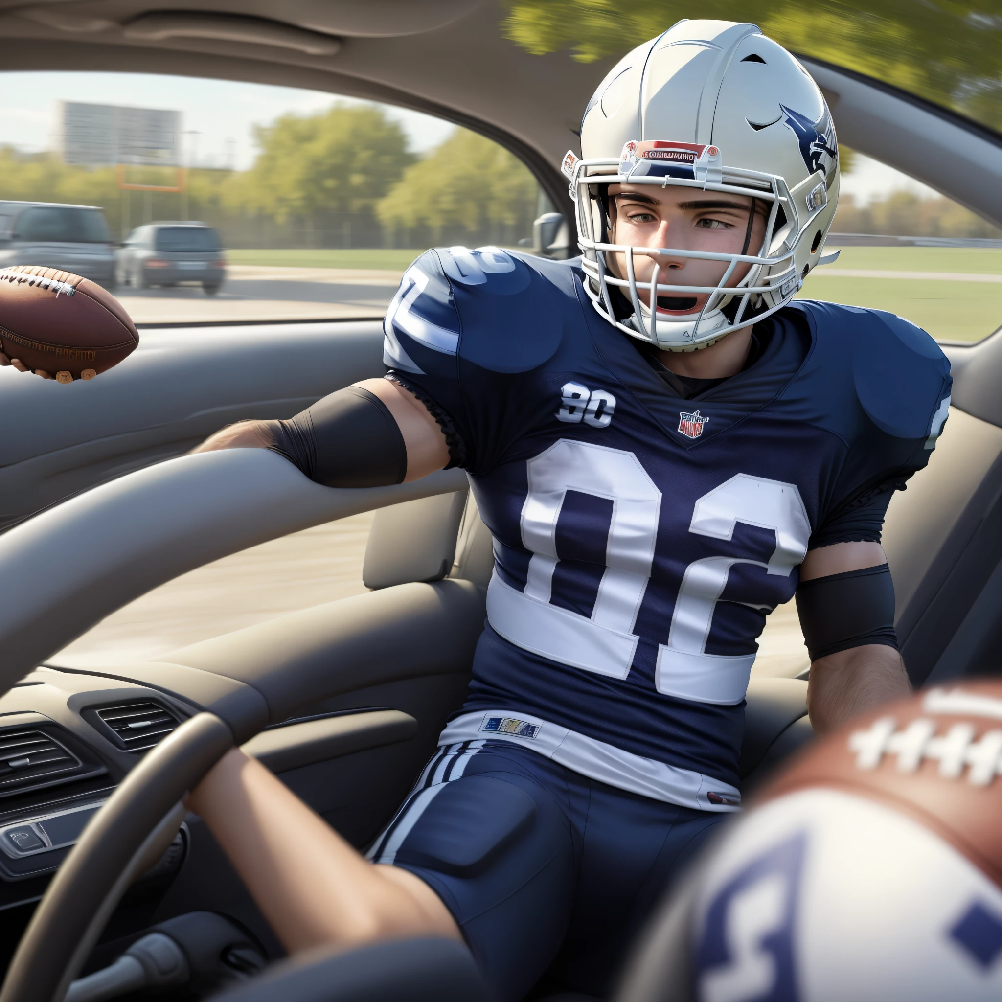 football player driving with pads on