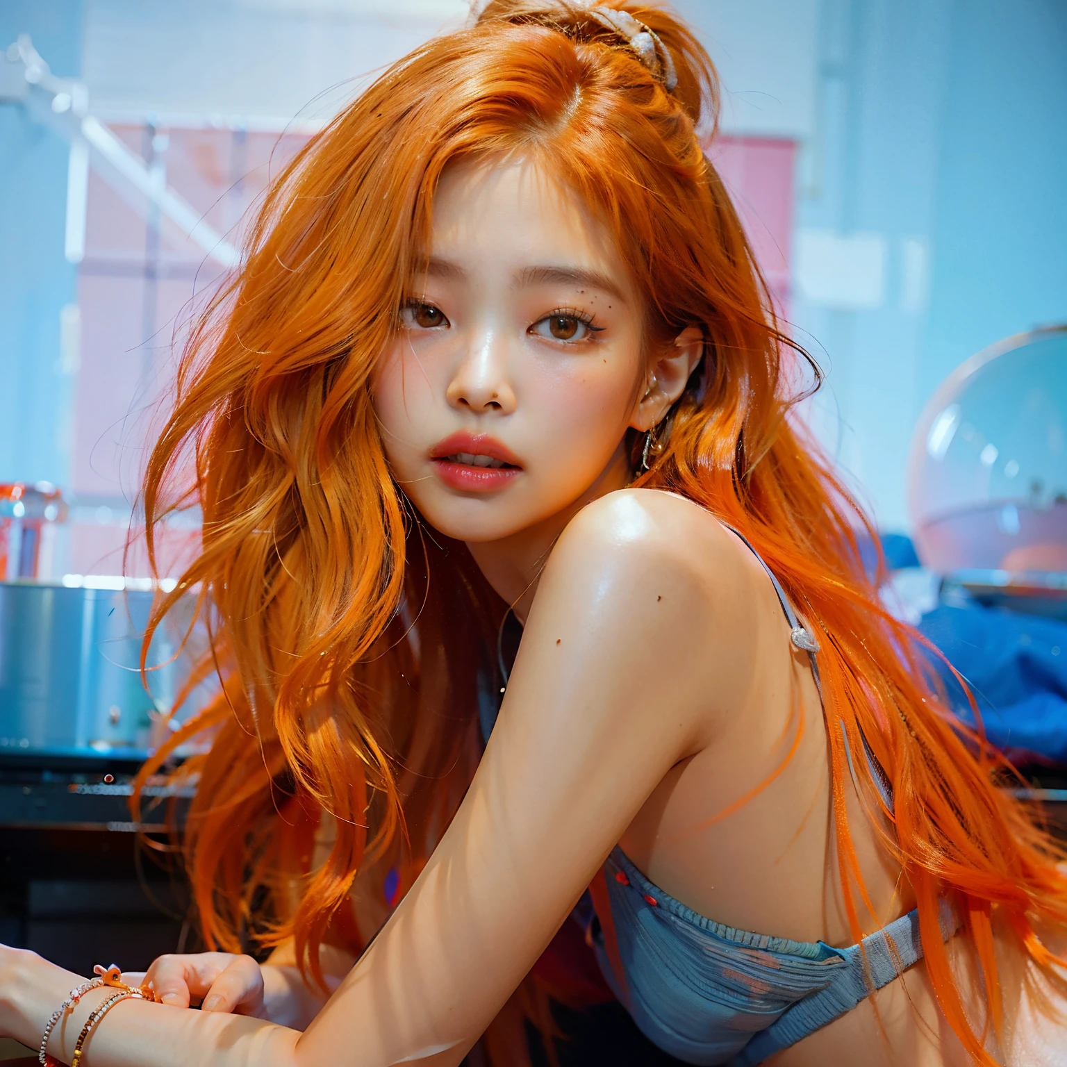 Mujer arafed con cabello naranja sentada en una mesa frente a un televisor., Parque Roseanne de Blackpink, Blackpink Jennie, Ella tiene el pelo largo redorange, Retrato de Jossi de Blackpink, piel naranja y cabello largo y ardiente, Jossi de Blackpink, Artista coreano, cabello naranja, Sun Yunjoo, cabello naranja brillante, she has long orange brown hair