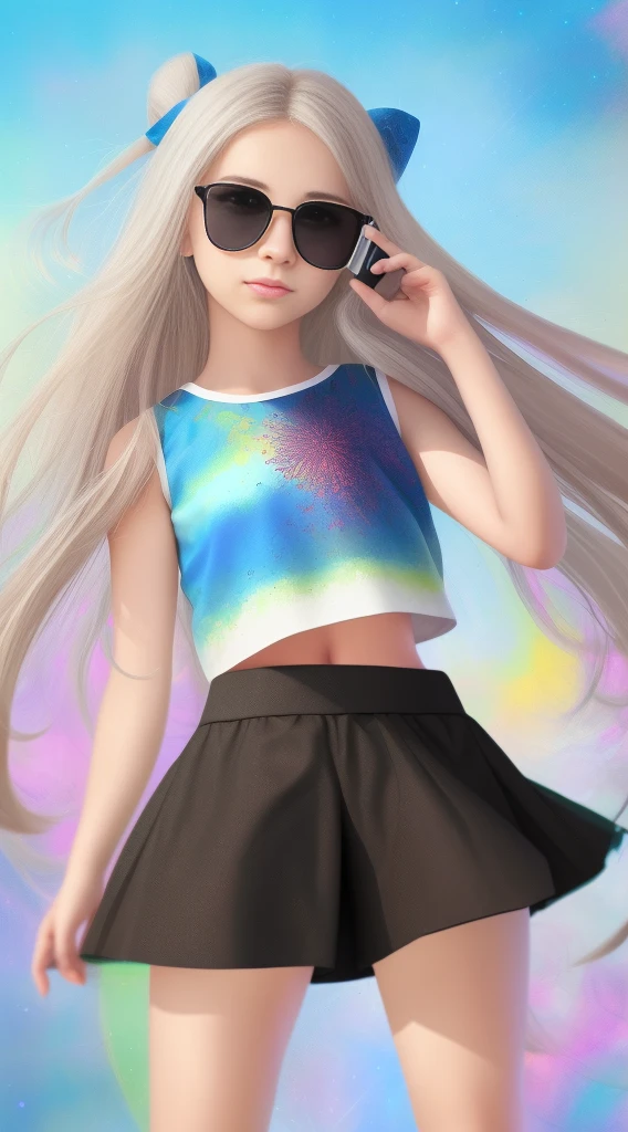 obra-prima, melhor qualidade, 1girl, de baixo, shorts, crop top, cabelo loiro, olhos azuis, textura da pele, de corpo inteiro olhando para o espectador. Perfect centralization, bonita, Use uma jaqueta da equipe de estudantes, wearing sunglasses, Usando fones de ouvido, alegria, Standing position, beleza abstrata, Centrado, looking at the camera, Facing the camera, nearing perfection, Dynamic, altamente detalhado, liso, foco nítido, 8k, high-definition resolution, arte de Carne Griffiths e Wadim Kashin, fundo branco