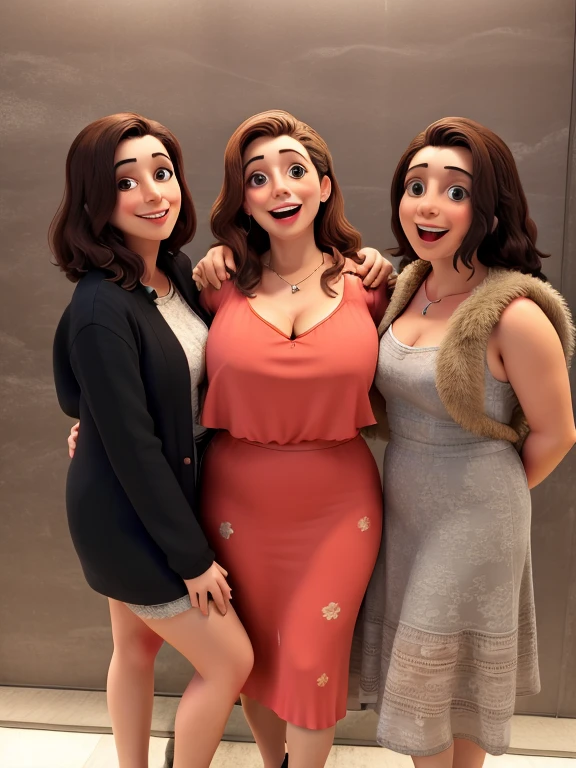 conjoined, 2 Girls, brunette woman, running, long dress, tight dress, exteriors, sweats, Tired,wearing glasses, long brown hair, cute, freckles, chubby, visible curves((two heads, 2 heads):1.4), at a club