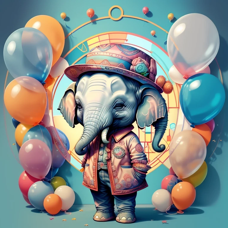 ) ((((cute elephant with hat and ballons) ((Mikey)) - Criador: Walt Disney2023) ), ,, ( Walt Disney acolchoamento ,multidimensional geometric wall PORTRAIT, arte, Chibi,
Yang08k, lindo, Colouring,Rose
Primary works, qualidade superior, melhor qualidade, Arte Oficial, Beautiful and Aesthetic,)) ), ,,  Walt Disney acolchoamento ,multidimensional geometric wall PORTRAIT, arte, Chibi,
Yang08k, lindo, (Colouring, rosa), amarelo ,azul ,vermelho e branco)
Primary works, qualidade superior, melhor qualidade, Arte Oficial, Beautiful and Aesthetic,