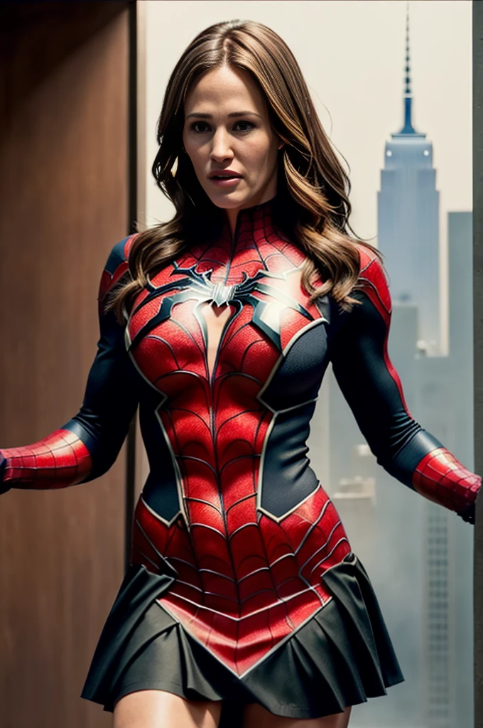 Jennifer Garner、Sticking out the navel、newyork、She wears a torn Spider-Man suit,wearing skirt、 Red and black color scheme,Dynamic、masterpiece、top-quality、ultra-detailliert、ighly detailed、beautiful detailed brilliance、超A high resolution