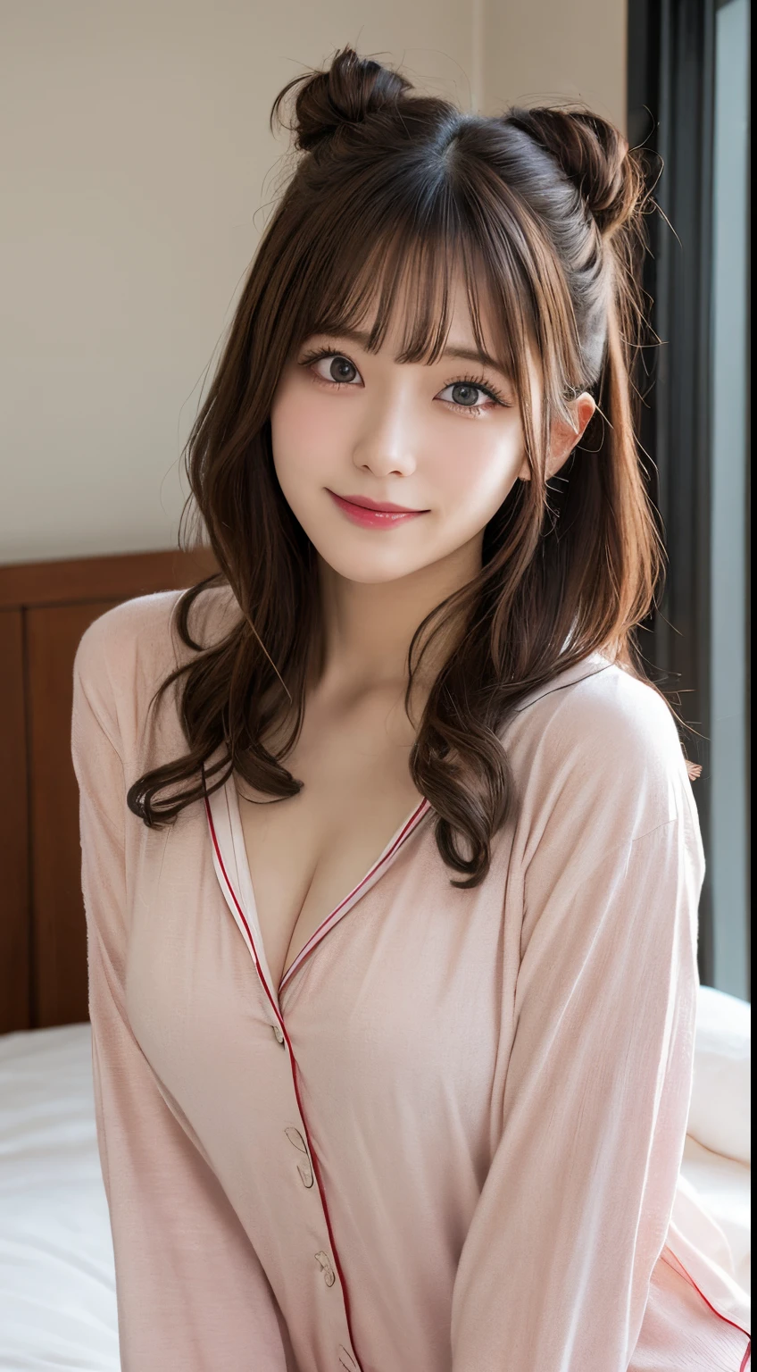 masutepiece, Best Quality, Illustration, Ultra-detailed, finely detail, hight resolution, 8K Wallpaper, Perfect dynamic composition, Beautiful detailed eyes, Natural Lip, Cute pajamas, Big breasts, Random sexy poses,Bun hair,Raw photo,cute🩷,ssmile、maikurobikini