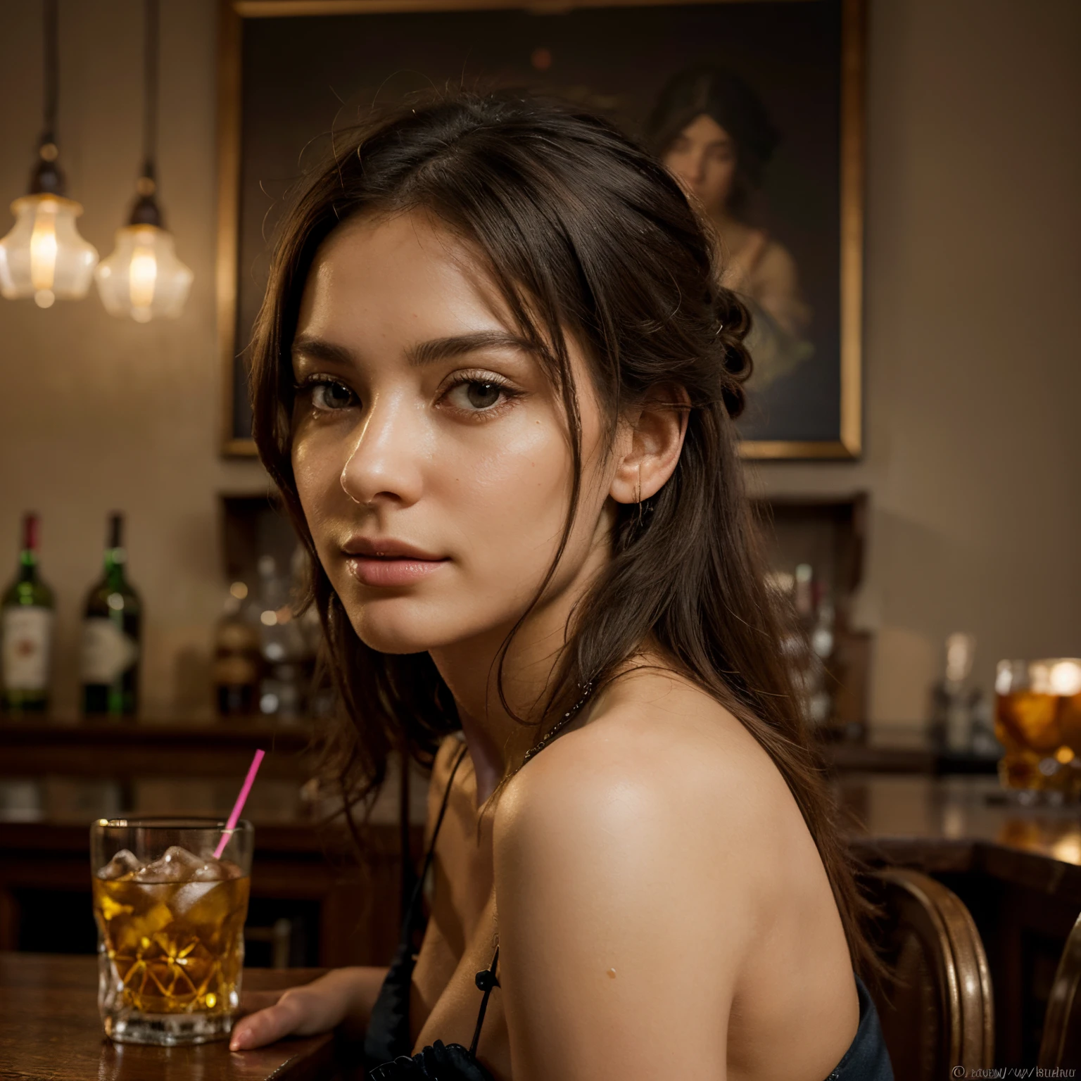 (best quality,4k,8k,highres,masterpiece:1.2),ultra-detailed,(realistic,photorealistic,photo-realistic:1.37),beautiful detailed eyes,beautiful detailed lips,extremely detailed eyes and face and hand,longeyelashes,ethereal beauty,graceful and elegant,flowing golden hair,extremely detailed hand,glowing flawless skin,colorful bar lights illuminating it,serene expression,gentle breeze,dark environment,natural beauty,harmonious color palette,soft pastel tones,romantic and enchanting,traditional painting style,impressionistic strokes,magical aura,divine light,feminine power,subtle details,proud and confident stance,vivid colors,serenity and tranquility,mesmerizing beauty,soothing and calming energy,she sits on the bar chair and drinks whiskey,bar atmosphere with music and alcohol
