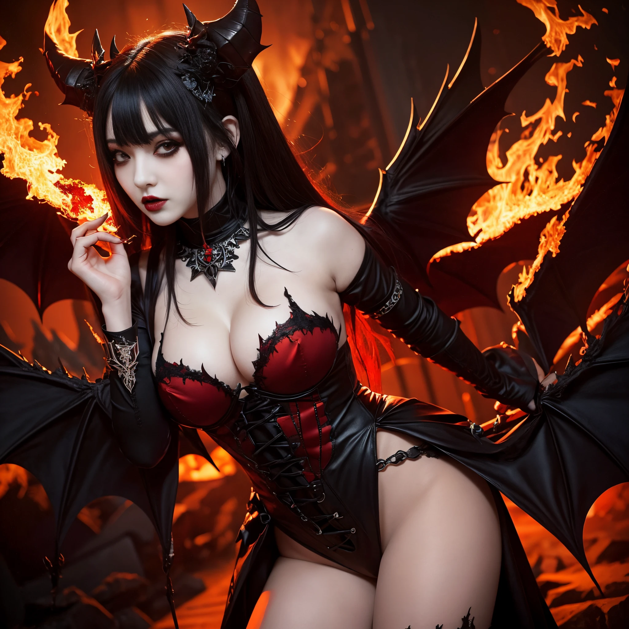 A dark demon queen with bat wings and large breasts, horns on her head and deep hell full of fire. Emphasize your big breasts and your big bat wings, red white skin gothic dark style