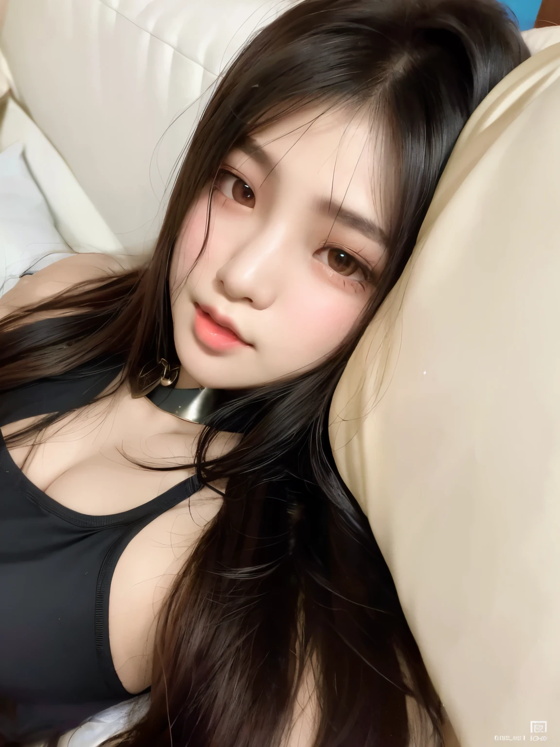 a close-up of a woman lying on a sofa with a collar around her neck, menina coreana, linda mulher coreana jovem, Mulher sul-coreana bonita, mulher coreana jovem bonita, menina bonito-fino-cara, Rosto bonito das meninas japonesas, young adorable korean face, Ulzzang, Beautiful Asian girl, Yoshitomo Nara, wan adorable korean face