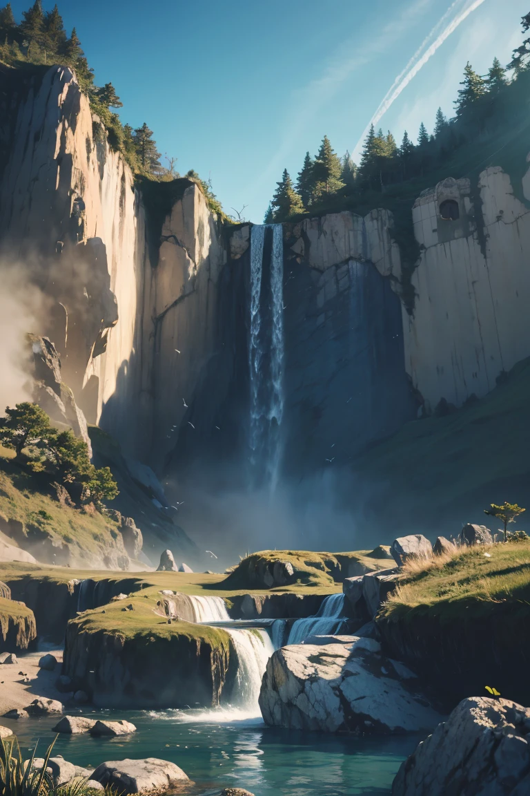 Cliff overlooking the waterfall, Several arched stones at the top, Matte Painting 8K, Matte Paint 8K, Vertical wallpaper 8K, Vertical wallpaper 8K, Vertical wallpaper 4K, Vertical wallpaper 4K, Lost Series, Realistic fantasy rendering, 8k resolution digital painting, 8k resolution digital painting,  jessica rossier fantasy art, 4K rendered matte paint, 3D rendered matte paint