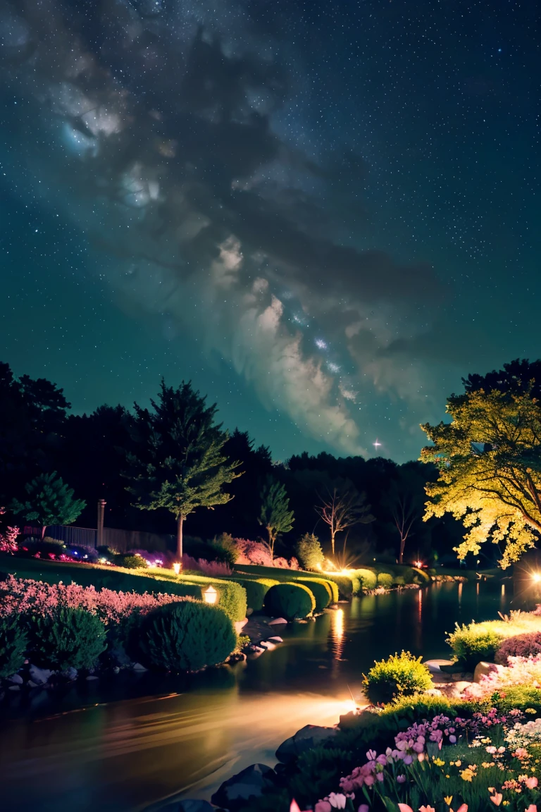 (Magical pretty night sky green stream overlay scene), (skyporn), (Clouds), Soft lighting, clean back ground, Beautiful scenery, masutepiece, High quality, Beautiful graphics, high detailing, Epic Landscapes, garden, Flowers, Clouds, (Night starry sky, River behind, Huge old tree behind, Pink petals that shine on the back fall)