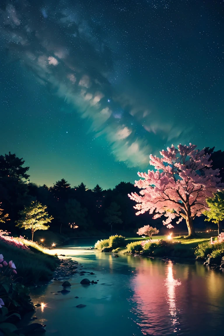 (Magical pretty night sky green stream overlay scene), (skyporn), (Clouds), Soft lighting, clean back ground, Beautiful scenery, masutepiece, High quality, Beautiful graphics, high detailing, Epic Landscapes, garden, Flowers, Clouds, (Night starry sky, River behind, Huge old tree behind, Pink petals that shine on the back fall)