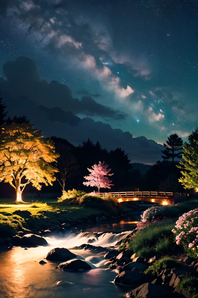 (Magical pretty night sky green stream overlay scene), (skyporn), (Clouds), Soft lighting, clean back ground, Beautiful scenery, masutepiece, High quality, Beautiful graphics, high detailing, Epic Landscapes, garden, Flowers, Clouds, (Night starry sky, River behind, Huge old tree behind, Pink petals that shine on the back fall)