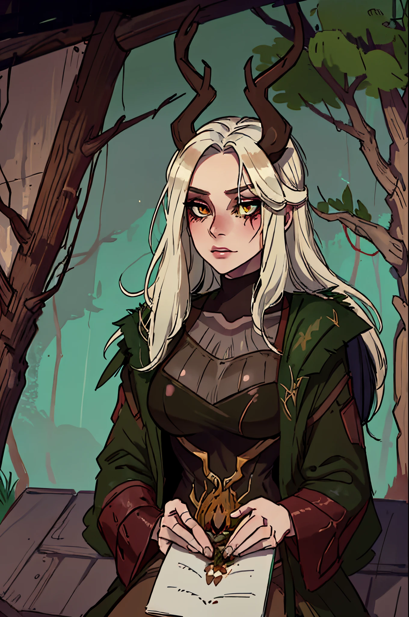 Masterpiece, best quality, portrait, female, olive skin, dark hair, very large deer antlers, female leshen from witcher tales, beautiful, forest background, bone jewelry, rustic coffee color clothes decorated with bones and death deer skulls, ripped, death spirit, detailed, creepy, full covered clothes, full clothed, tomboy