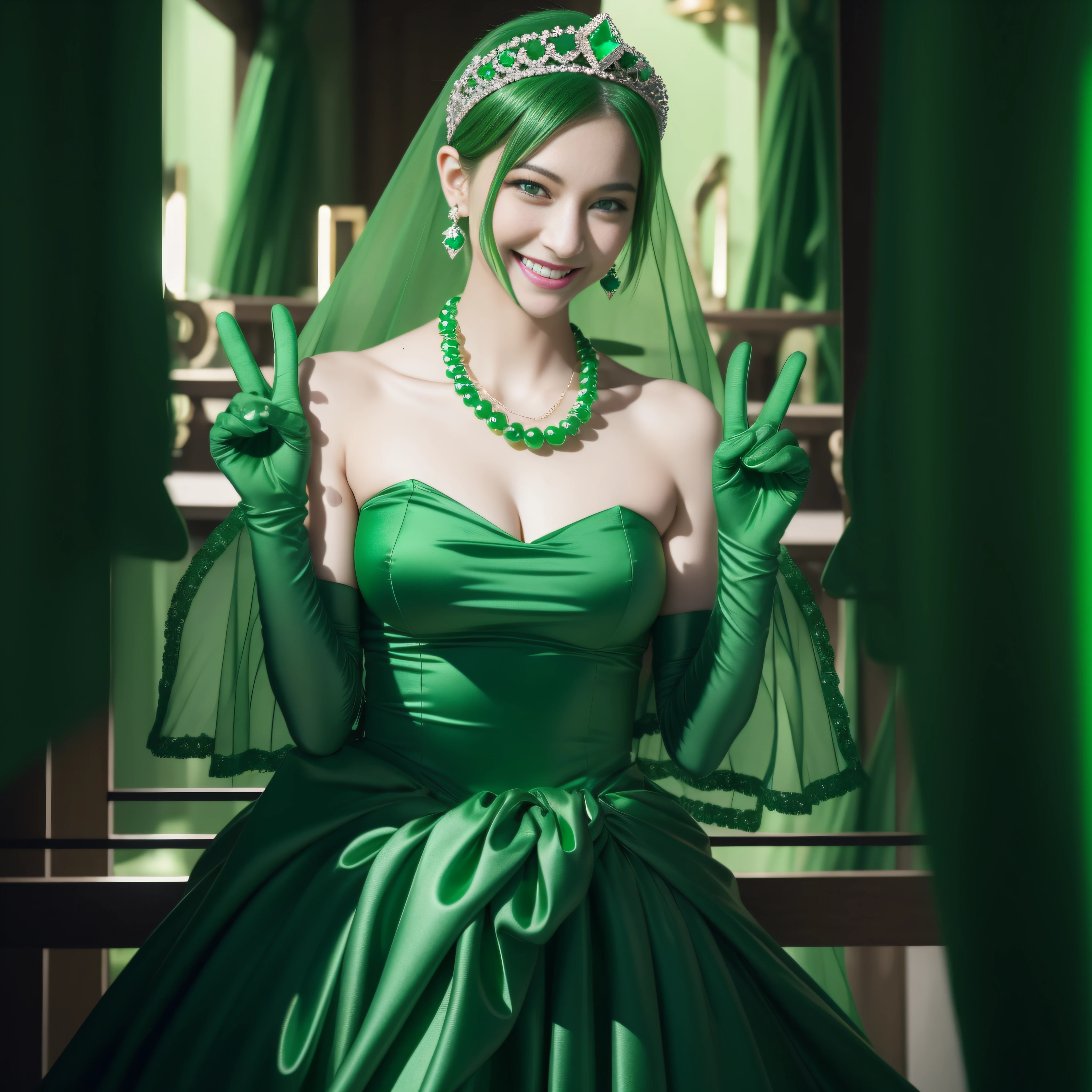 emerald tiara, Green Pearl Necklace, Boyish very short green hair, lipsticks, Japan woman smiling, very short short hair, big breasts beautiful, Green eyes, Long green gloves made of satin material, Green eyes, Emerald Earrings, green vale, v sign