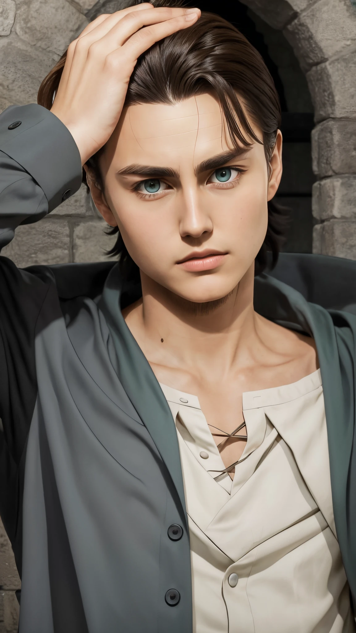 Eren Yeager has a German appearance, with a fairly long face, brown hair, round turquoise eyes. His skin appears slightly yellower than the other characters. Her short hair reached the nape of her neck and was parted in front of her forehead in a kind of curtain.