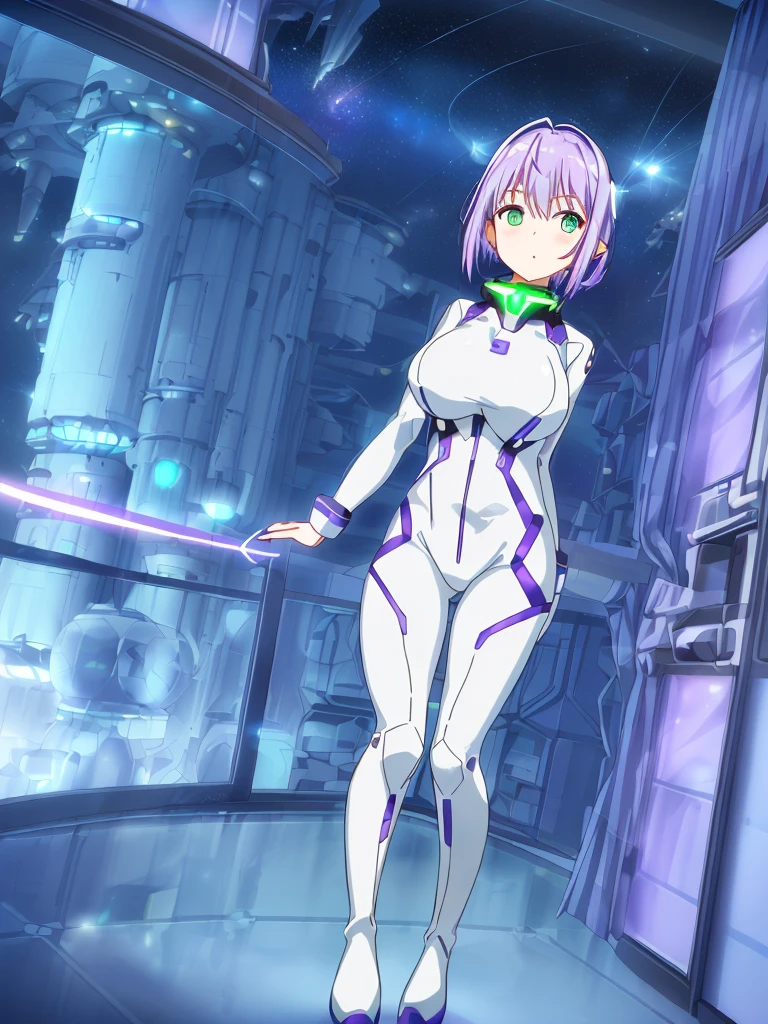 ​masterpiece:1.4, 1girl in ((20yr old, Wearing a futuristic white and silver costume, Tight Fit Bodysuit, long boots, Very gigantic-breasts, (Colorful purple hair,):1.3 short bob, Perfect model body, Green eyes:1.2, Wearing headphones, Looking out the window of the futuristic sci-fi space station、While admiring the beautiful galaxy:1.2, SFSF control room on night background:1.1, Neon and energetic atmosphere:1.2)) ((Galaxy))