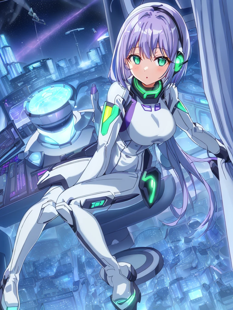 ​masterpiece:1.4, 1girl in ((20yr old, Wearing a futuristic white and silver costume, Tight Fit Bodysuit, long boots, Very gigantic-breasts, (Colorful purple hair,):1.3 short bob, Perfect model body, Green eyes:1.2, Wearing headphones, Looking out the window of the futuristic sci-fi space station、While admiring the beautiful galaxy:1.2, SFSF control room on night background:1.1, Neon and energetic atmosphere:1.2)) ((Galaxy))