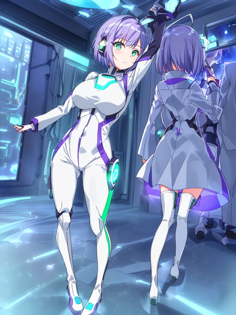 ​masterpiece:1.4, 1girl in ((20yr old, Wearing a futuristic white and silver costume, Tight Fit Bodysuit, long boots, Very gigantic-breasts, (Colorful purple hair,):1.3 short bob, Perfect model body, Green eyes:1.2, Wearing headphones, Looking out the window of the futuristic sci-fi space station、While admiring the beautiful galaxy:1.2, SFSF control room on night background:1.1, Neon and energetic atmosphere:1.2)) ((Galaxy))