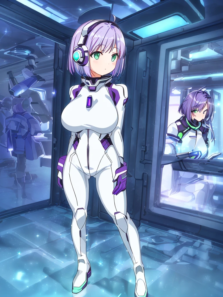 ​masterpiece:1.4, 1girl in ((20yr old, Wearing a futuristic white and silver costume, Tight Fit Bodysuit, long boots, Very gigantic-breasts, (Colorful purple hair,):1.3 short bob, Perfect model body, Green eyes:1.2, Wearing headphones, Looking out the window of the futuristic sci-fi space station、While admiring the beautiful galaxy:1.2, SFSF control room on night background:1.1, Neon and energetic atmosphere:1.2)) ((Galaxy))