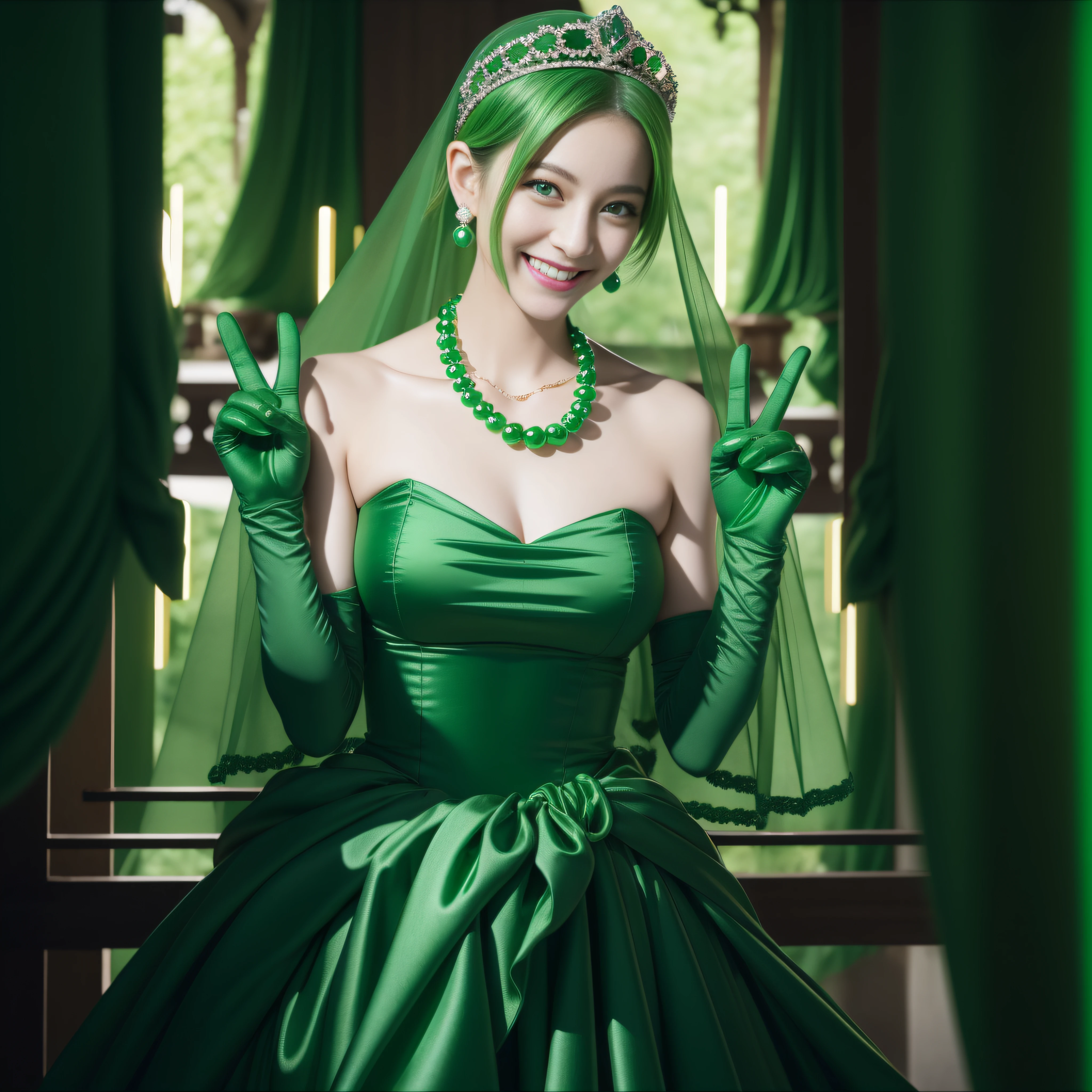 emerald tiara, Green Pearl Necklace, Boyish very short green hair, lipsticks, Japan woman smiling, very short short hair, big breasts beautiful, Green eyes, Long green gloves made of satin material, Green eyes, v sign,V-sign with both hands, Emerald Earrings, Green hair