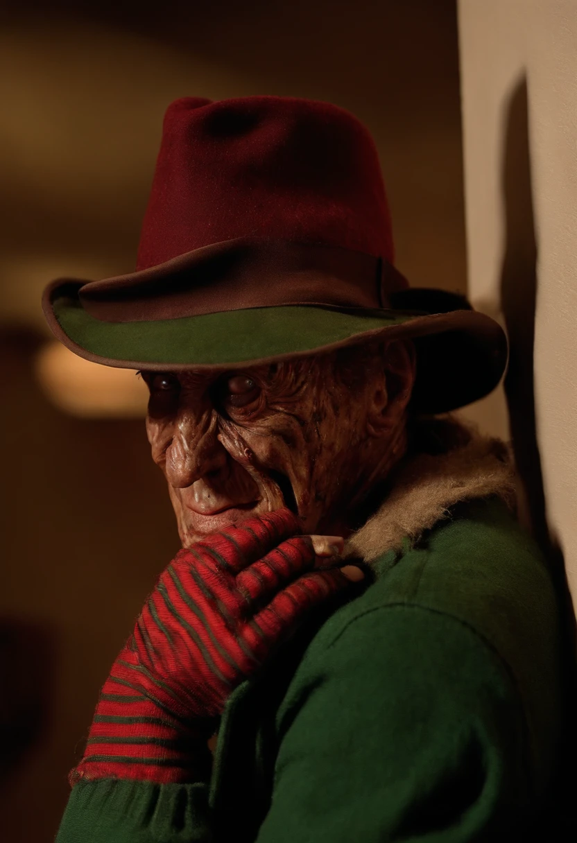 A video of Freddy Krueger slowly stalking towards a group of terrified teenagers, his signature glove scraping against the wall, as he whispers menacingly.,A Nightmare on Elm Street (1984),Freddy Krueger is a fictional character known for his grotesque appearance and terrifying persona. He typically appears with severely burned skin across his face and body, giving him a frightening, scarred appearance. His most iconic feature is a custom-made glove with razor-sharp blades attached to the fingers, which he uses to terrorize his victims in their dreams. Freddy wears a distinctive striped red and green sweater, a dark fedora hat, and dark pants., male
