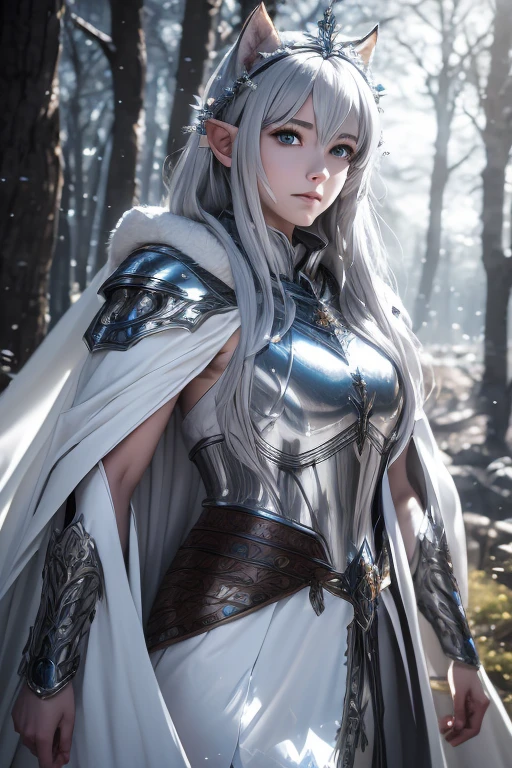 Powerful male king, (raphtalia cosplay), bright gray eyes, long silver hair, beautiful delicate face, a royal suit of thick fabric (white), gray cape, middle earth style clothing (fantastic), shiny silver armor, in a majestic kingdom, in the background a magical silver forest, dark night, ethereal lights in the air, ultra-realistic, 8k.