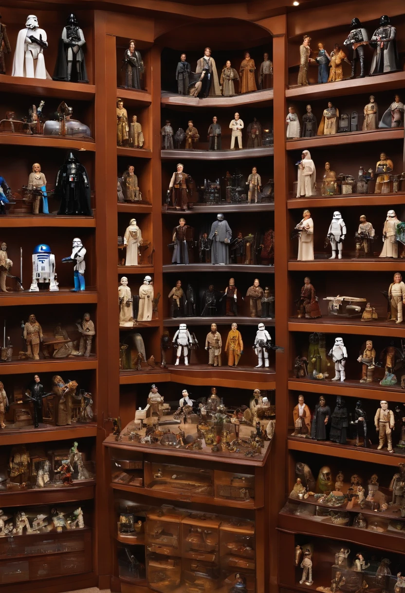 A photo of a meticulously arranged collection of classic Star Wars action figures and memorabilia on display,The Big Bang Theory TV Show,Sheldon Cooper, male