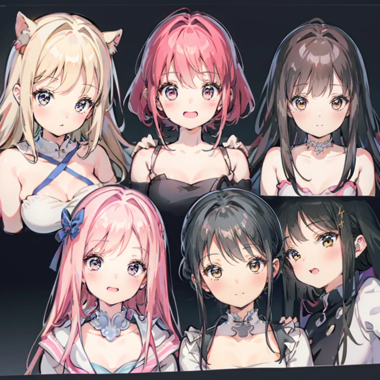 Best Quality、CharacterDesignSheet、You can use magic、faces、shot from top、Variety of facial expressions、colourful hair、smil、domineering、laugh、