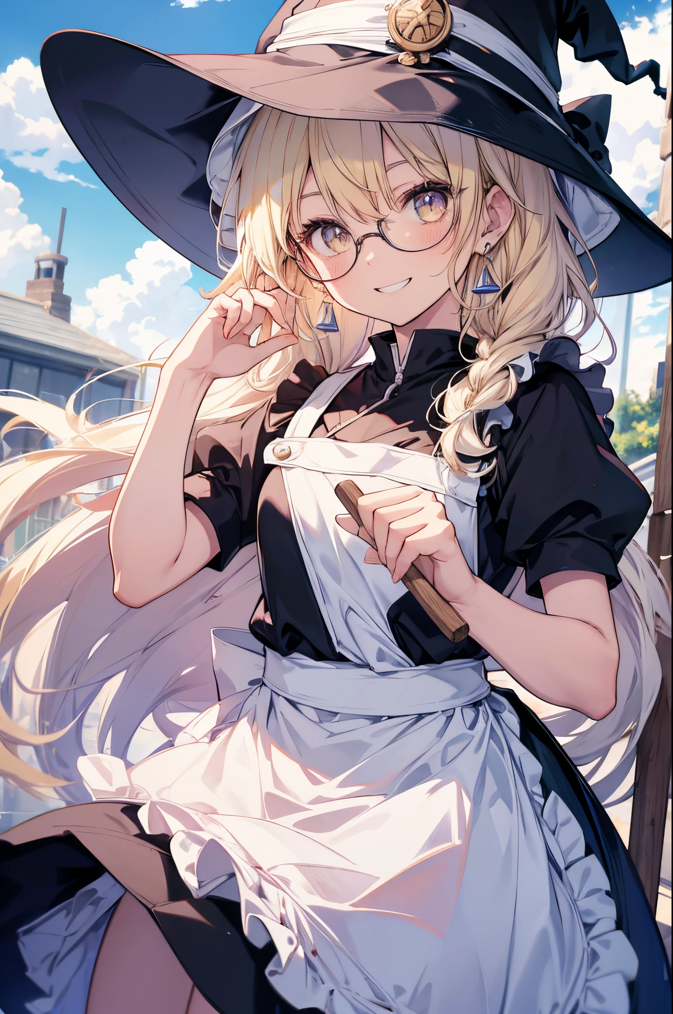 a female anime character with big round glasses and white hair wearing an apron and a witch hat, 1girl, kirisame marisa, solo, broom, hat, blonde hair, witch hat, smile, yellow eyes, apron, long hair, sky, looking at viewer, outdoors, bow, grin, braid, hat bow, cloud, earrings, short sleeves, blue sky, day