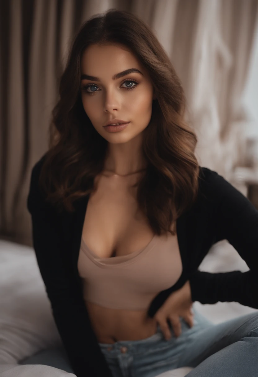 arafed woman with black clothes, sexy girl with brown eyes, portrait sophie mudd, brown hair and large eyes, selfie of a young woman, bedroom eyes, violet myers, without makeup, natural makeup, looking directly at the camera, face with artgram, subtle makeup, stunning full body shot, in bedroom, cleavage