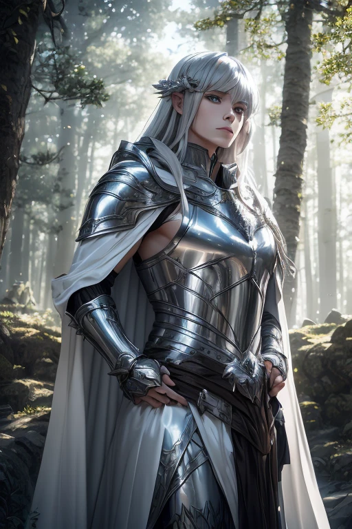 Powerful male king, (raphtalia cosplay), bright gray eyes, long silver hair, beautiful delicate face, a royal suit of thick fabric (white), gray cape, middle earth style clothing (fantastic), shiny silver armor, in a majestic kingdom, in the background a magical silver forest, dark night, ethereal lights in the air, ultra-realistic, 8k.
