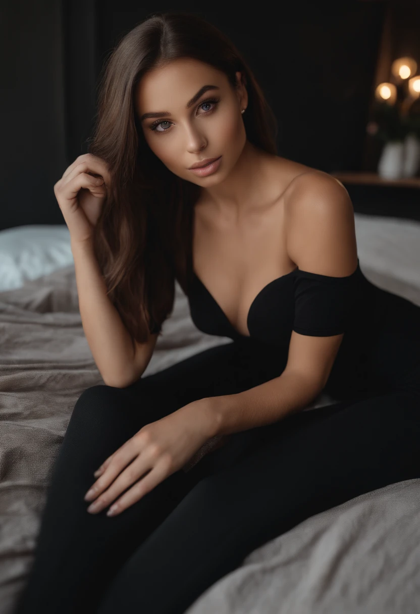 arafed woman with black clothes, sexy girl with brown eyes, portrait sophie mudd, brown hair and large eyes, selfie of a young woman, bedroom eyes, violet myers, without makeup, natural makeup, looking directly at the camera, face with artgram, subtle makeup, stunning full body shot, in bedroom, cleavage