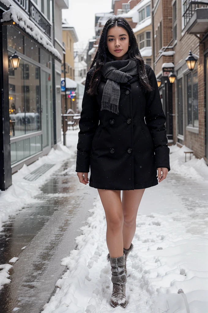 realistic image of beautiful girl, wearing winter outfit, walking on street while snowing, realistic photography, perfect figure, photorealistic, long black hairs, photorealistic, skin tone