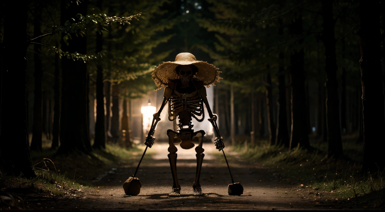 an image of a skeleton, spooky, straw hat, bag of bones, forest, at night