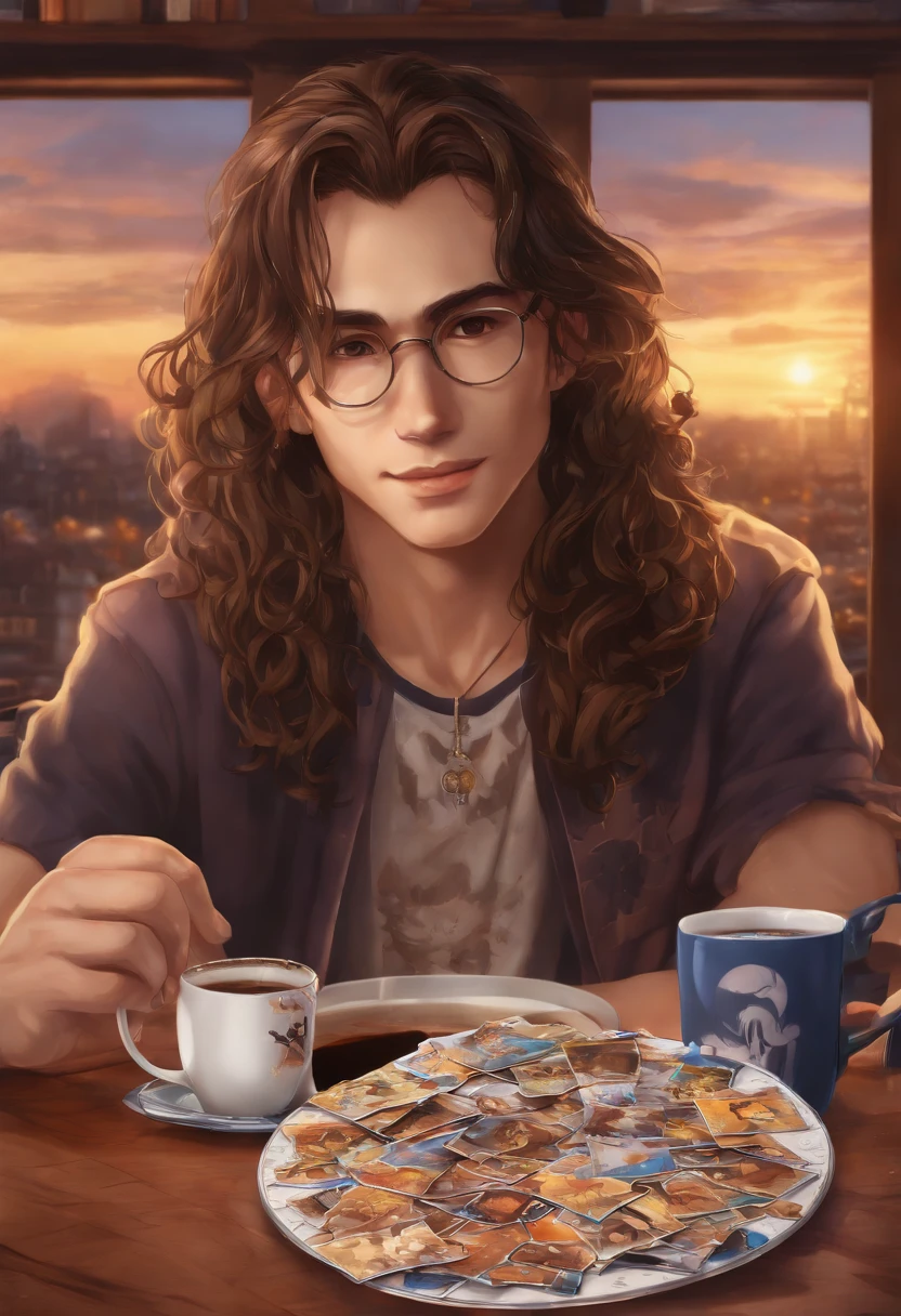 A photo of the character showcasing his completed jigsaw puzzle of anime characters, with a nerdy puzzle-themed t-shirt on and a cup of hot chocolate next to it.,original,skinny, bad skin, long hair, greasy hair, ferrety face, wispy moustache , male