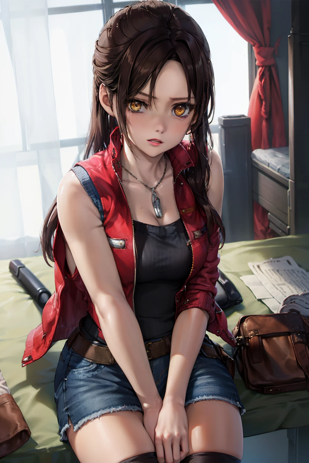 masutepiece, Best Quality, 1girl in, (Claire Redfield), Brown hair, (Yellow eyes:1.2),(Sleeveless jacket)、((Denim miniskirt))、((Black thigh socks))、((Bedroom))、length hair、poneyTail、((Knitted outerwear))