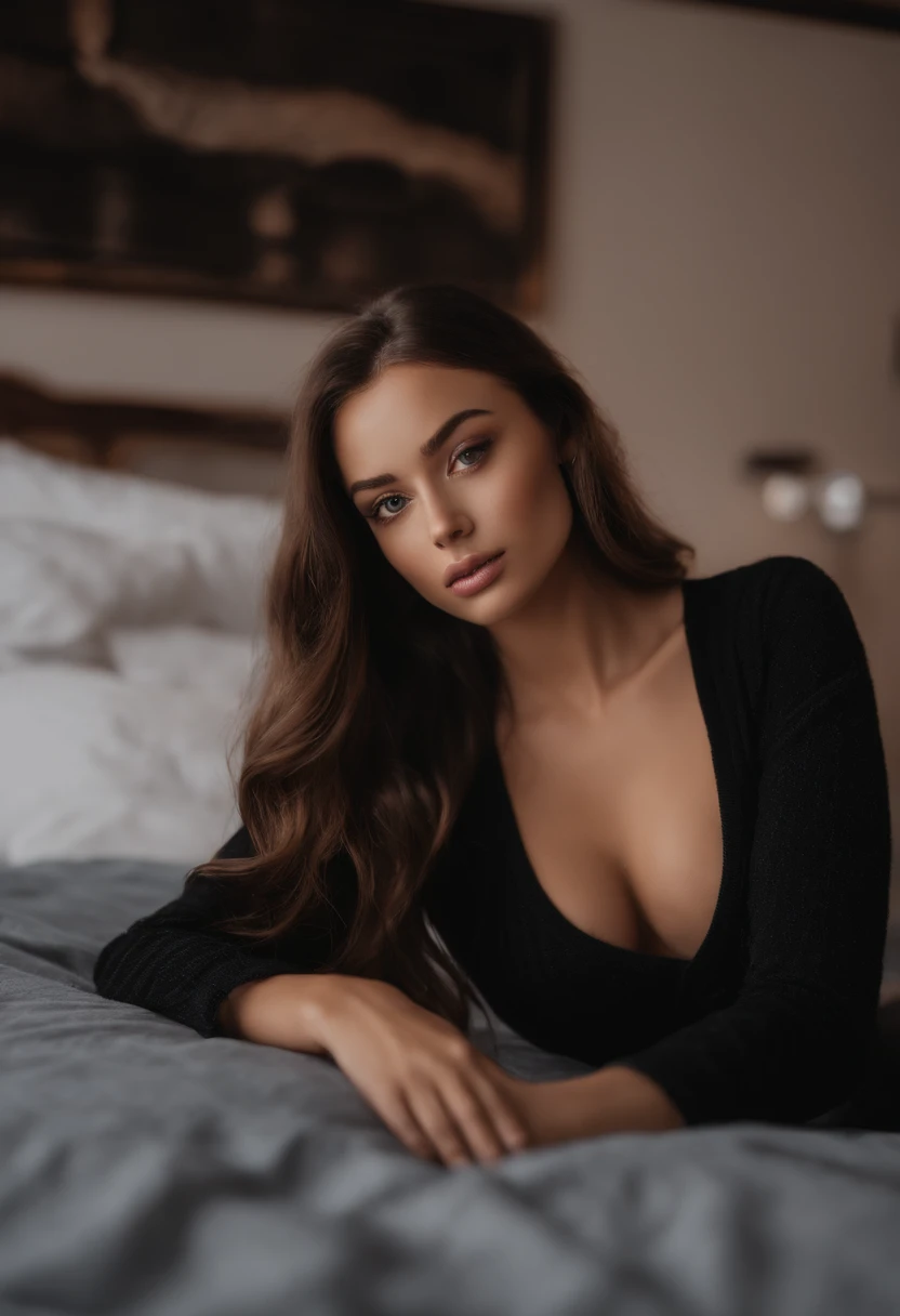 arafed woman with black clothes, sexy girl with brown eyes, portrait sophie mudd, brown hair and large eyes, selfie of a young woman, bedroom eyes, violet myers, without makeup, natural makeup, looking directly at the camera, face with artgram, subtle makeup, stunning portrait shot, in bedroom, cleavage