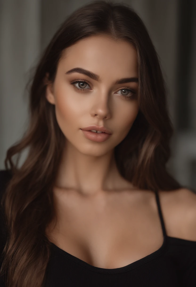 arafed woman with black clothes, sexy girl with brown eyes, portrait sophie mudd, brown hair and large eyes, selfie of a young woman, bedroom eyes, violet myers, without makeup, natural makeup, looking directly at the camera, face with artgram, subtle makeup, stunning portrait shot, in bedroom, cleavage