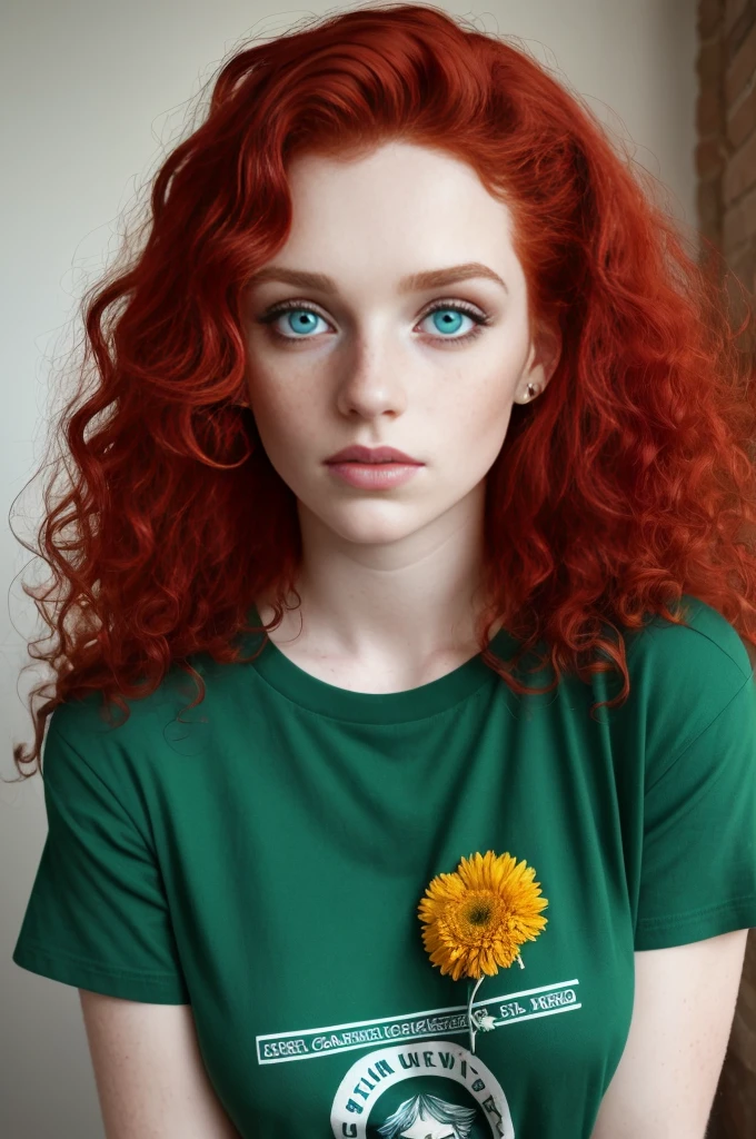 Aesthetic artwork, a woman, red hair, blue eyes, curly hair, freckles on both cheeks, full lips, sympathetic look, fair skin, green t-shirt, black jeans, small build,