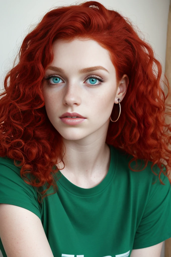 Aesthetic artwork, a woman, red hair, blue eyes, curly hair, freckles on both cheeks, full lips, sympathetic look, fair skin, green t-shirt, black jeans, small build,