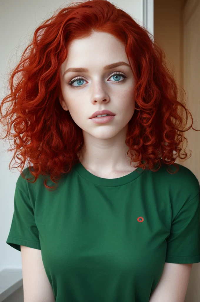 Aesthetic artwork, a woman, red hair, blue eyes, curly hair, freckles on both cheeks, full lips, sympathetic look, fair skin, green t-shirt, black jeans, small build,
