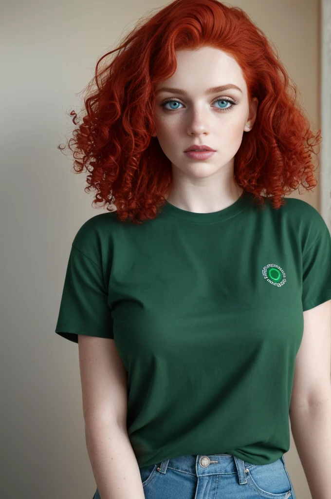 Aesthetic artwork, a woman, red hair, blue eyes, curly hair, freckles on both cheeks, full lips, sympathetic look, fair skin, green t-shirt, black jeans, small build,