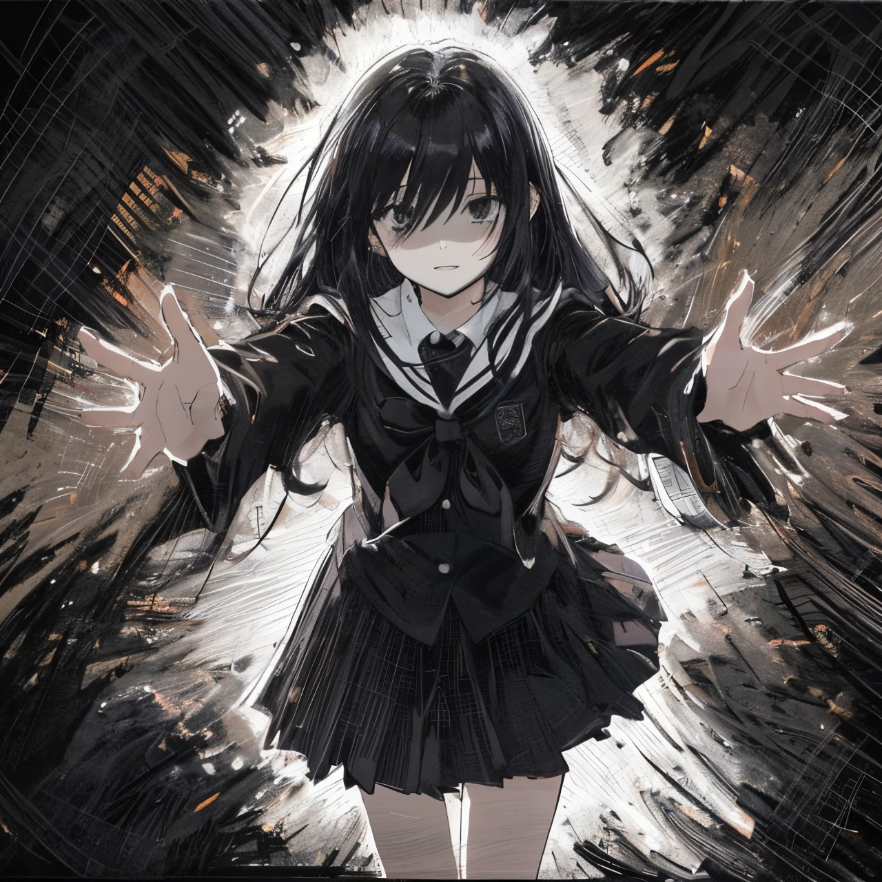 in the style of Chi no Wadachi, manga style, black and white, a girl standing, wearing a light shaded school uniform reaching out for embrace with both hands, surrounded by darkness, black hair, her face scribbled out, ((wide shot)), ((centered)), ((from below, distanced)), ((in the distance surrounded by darkness)), ((shadow over eyes)), ((black background)), ((perfect hands))